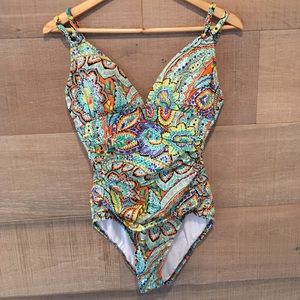 Woman’s one piece colorful bathing suit size 10